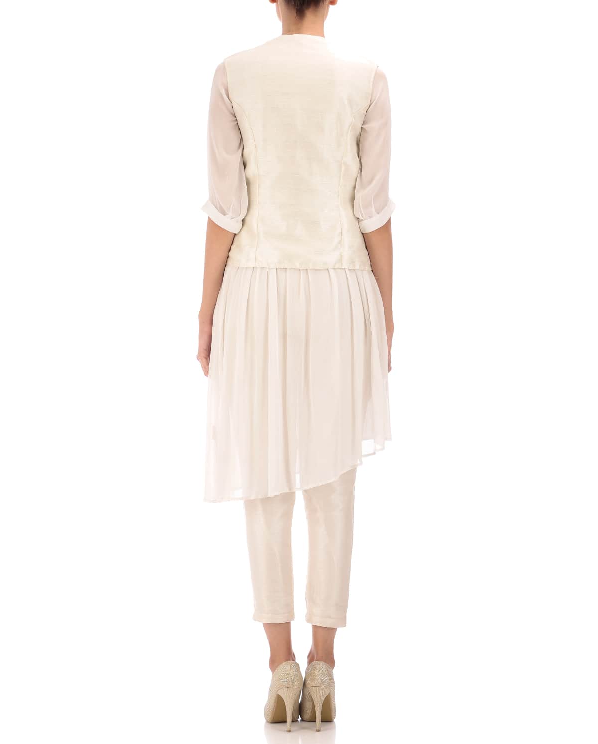 white embroidered jacket with tunic and pants
