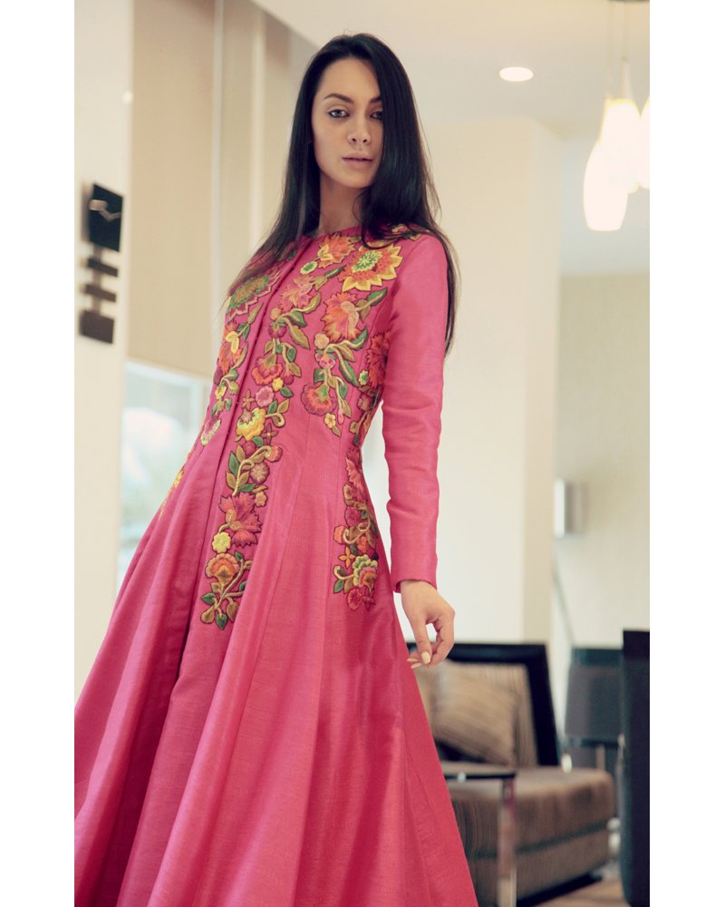 FuchsiaPink Floral Embroidered Jacket/Kurta Set