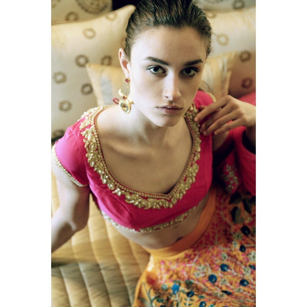Pink & Mustard Yellow Floral Temple Embroidered Heavy Lehenga Set