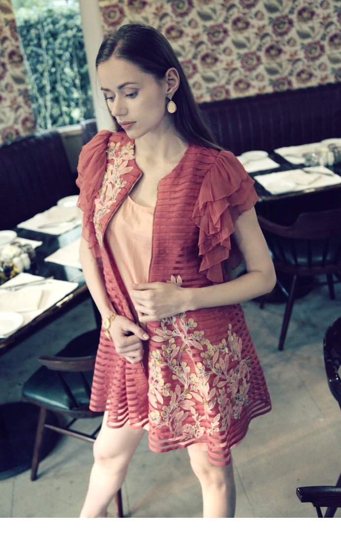 Coral Pink Floral Embroidered Dress with A-line silhouette