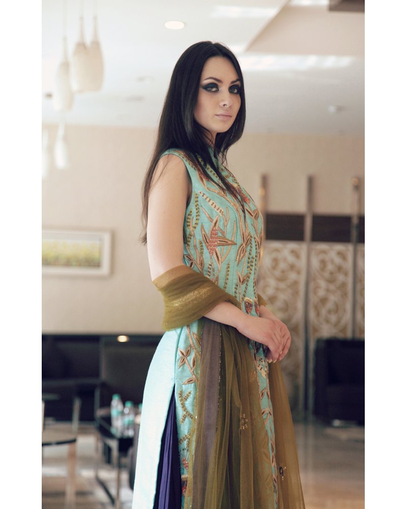 Turquoise Jaal Embroidered Jacket Kurta with Mauve Lehenga Skirt and Dupatta Set