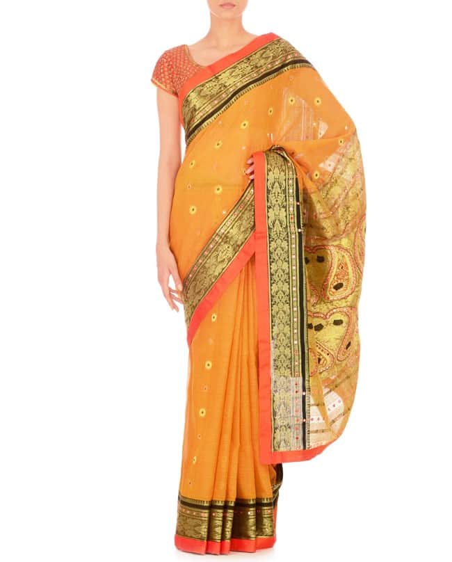 Yellow Mirror work Sari with Saffron Blouse
