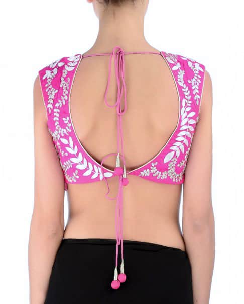 Magenta Pink embroidered blouse with leaf motifs