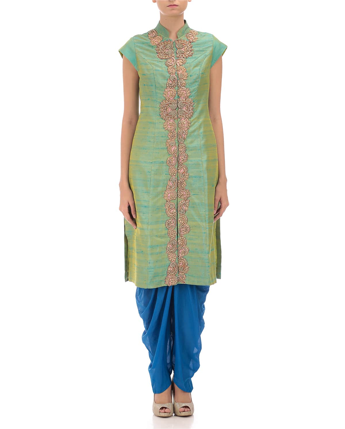 Pista Green Dual Tone Zari Embroidery Achkan kurta with Blue Dhoti Pants