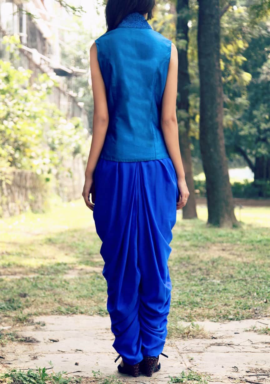 Cobalt blue Sequined jacket with draped dhoti pants