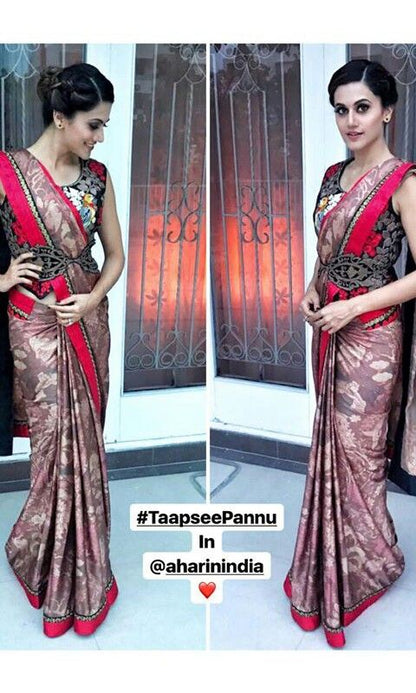 Taapsee Pannu in Dark Brown Satin Chiffon Printed Sari set with Bird Waistcoat