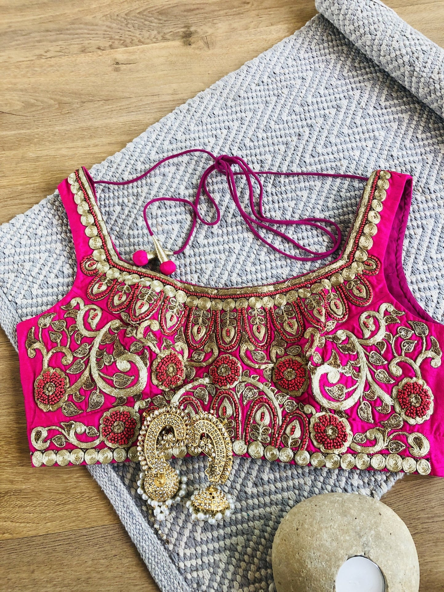 fuschia pink embroidered blouse with zari and resham embroidery