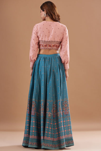 Teal Chanderi Printed Lehenga Set