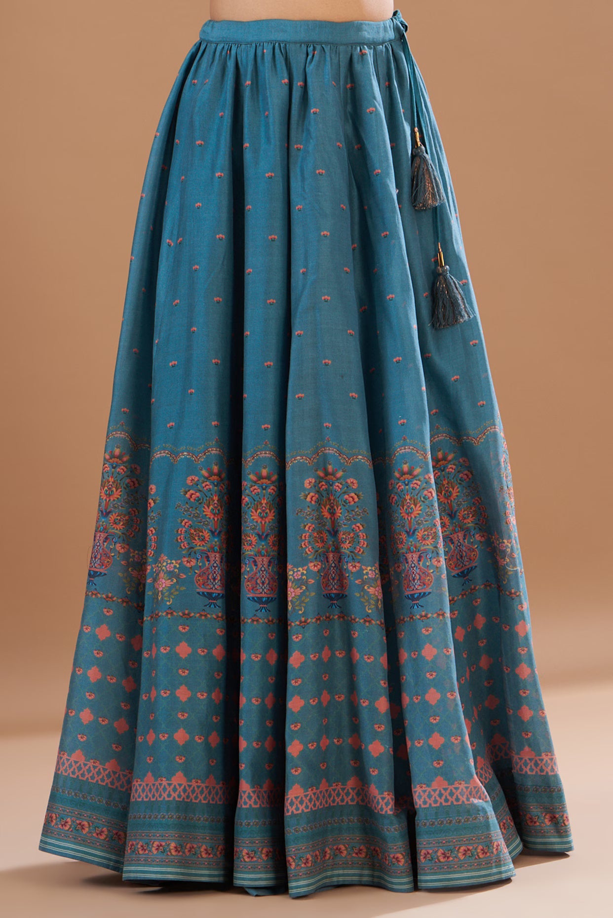 Teal Chanderi Printed Lehenga Set