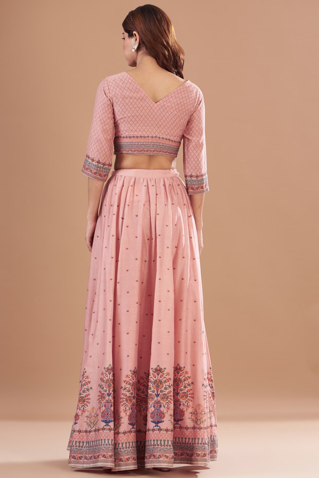 Peach Chanderi Printed Lehenga Set