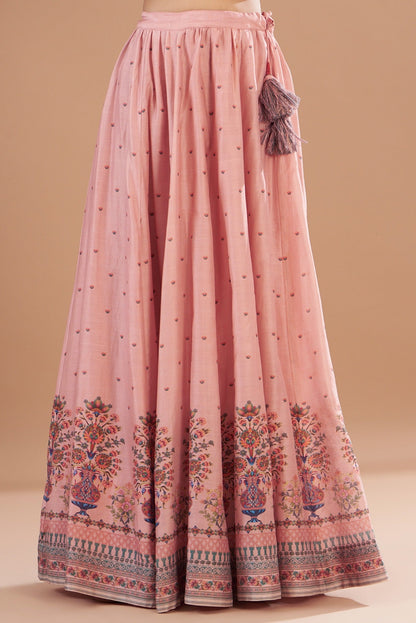 Peach Chanderi Printed Lehenga Set