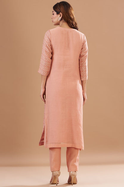 Peach Chanderi Printed Kurta Set