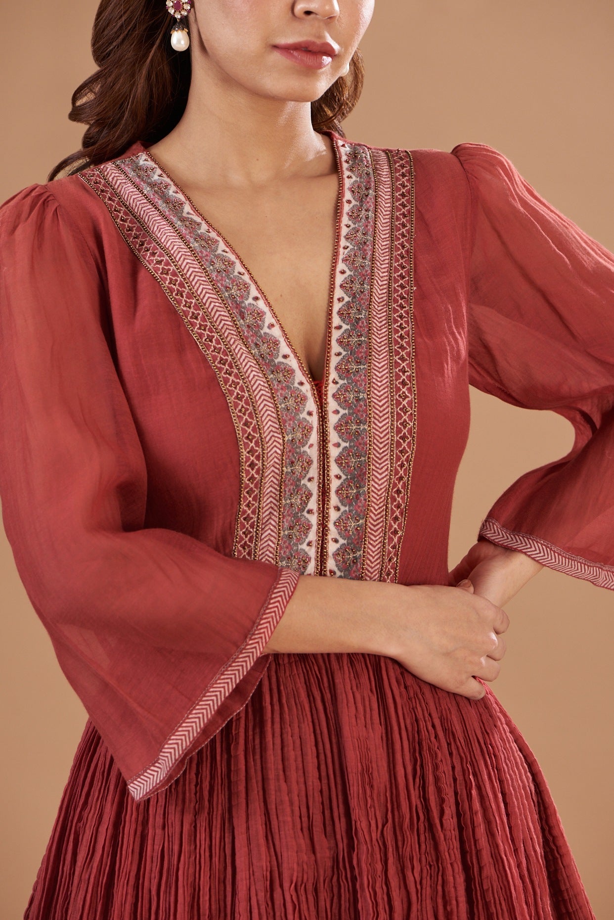 Red Chanderi Embroidered Tunic Set