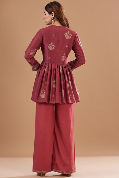 Red Chanderi Printed & Embroidered Tunic Set