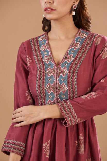 Red Chanderi Printed & Embroidered Tunic Set