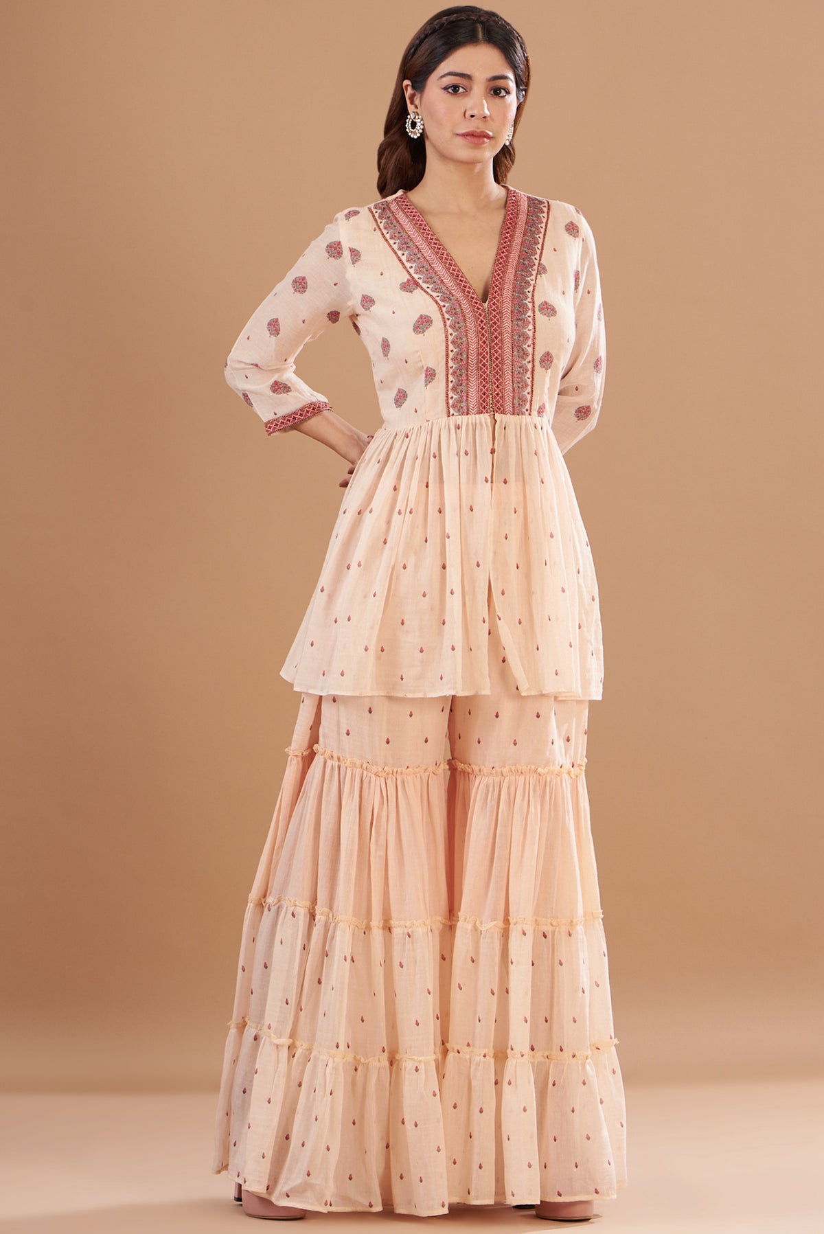 Beige Chanderi Sharara Set - Front View | Aharin