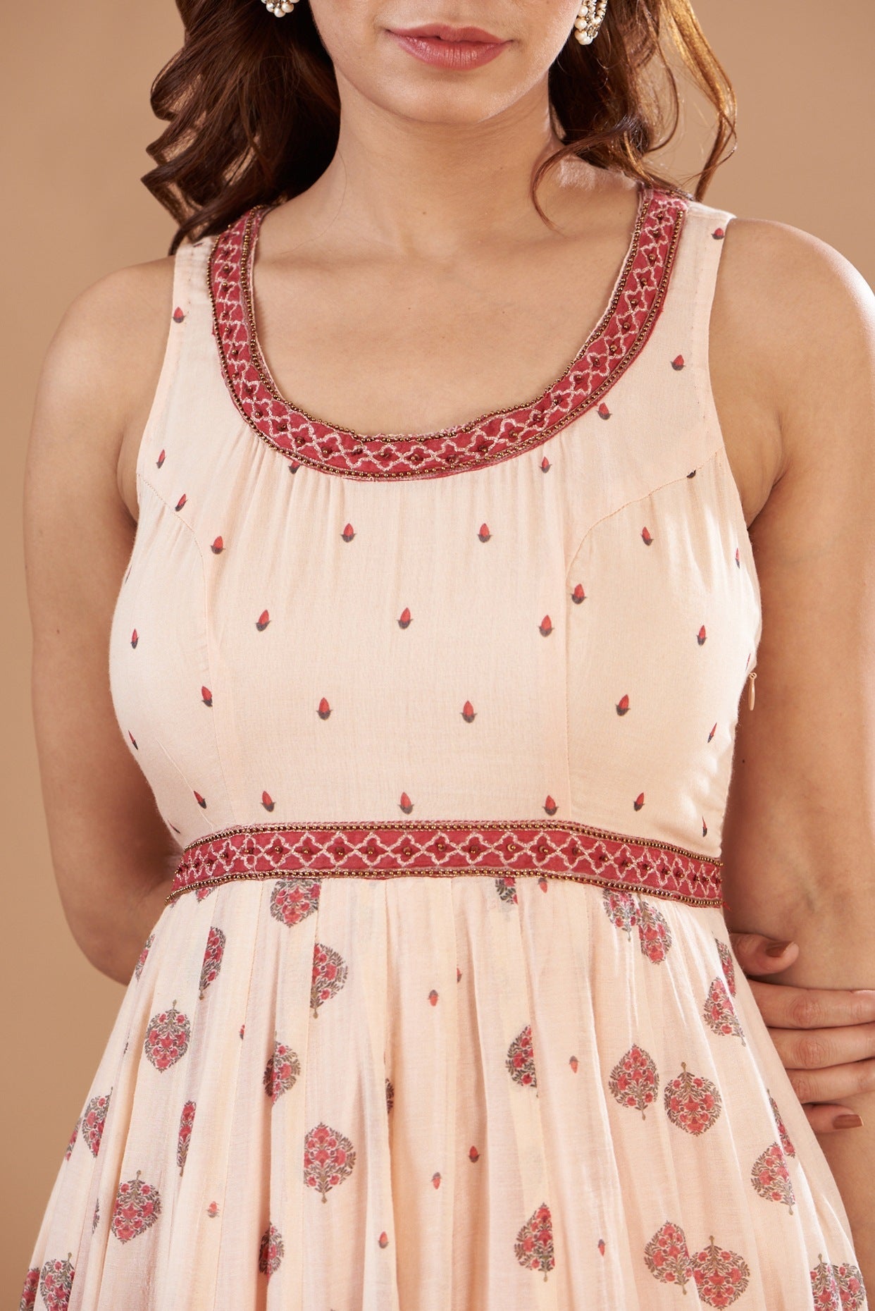 Beige Chanderi Printed & Embroidered Dress