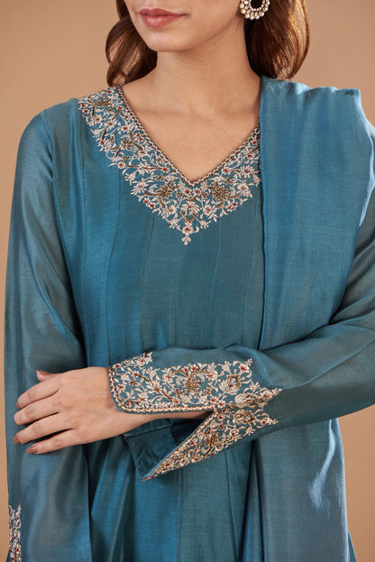 Blue Chanderi Embroidered Kurta Set