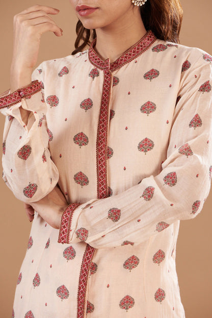 Beige coord set in chanderi base with hand embroidery and digital print.