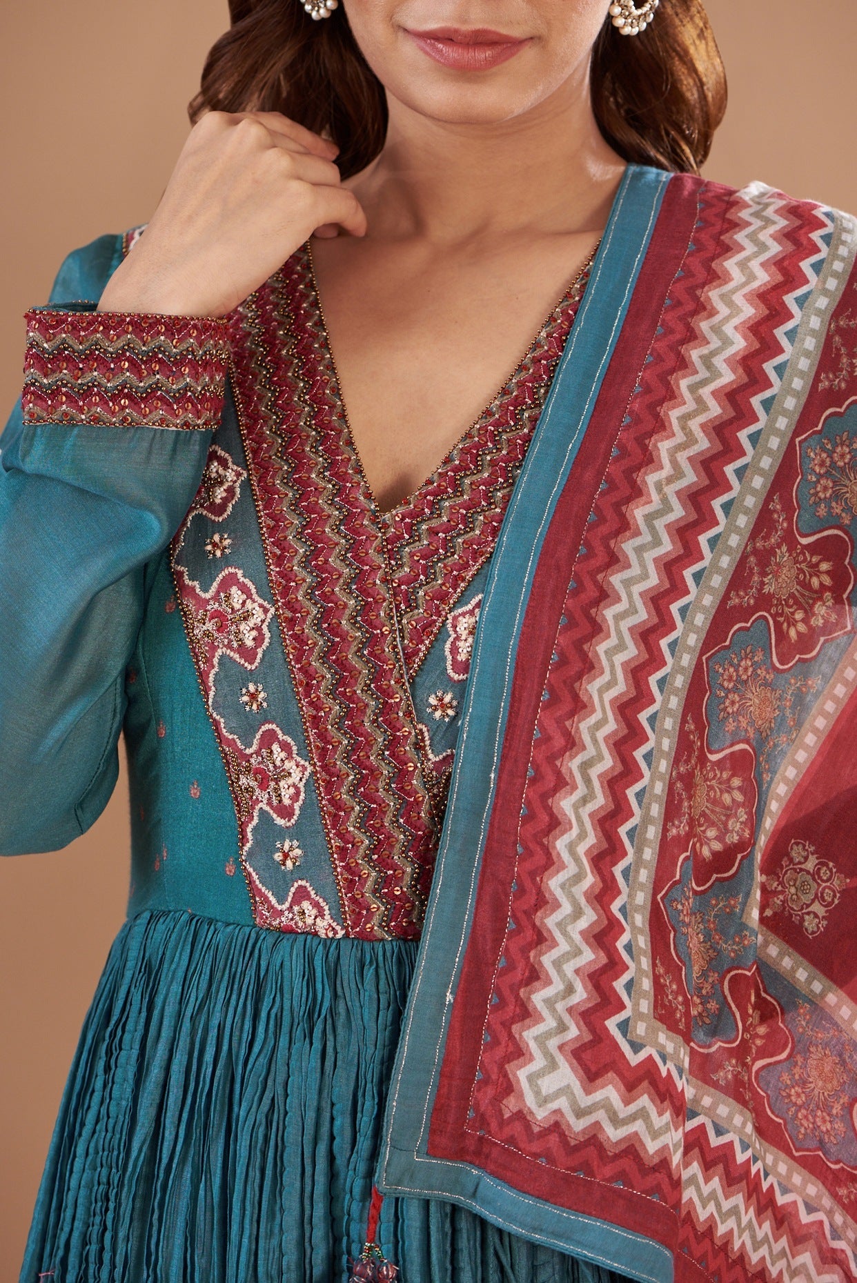 Blue Chanderi Embroidered & Printed Tunic Set