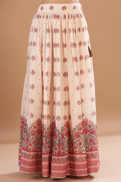 Beige tiered anarkali in chanderi base with hand embroidery and digital print with skirt