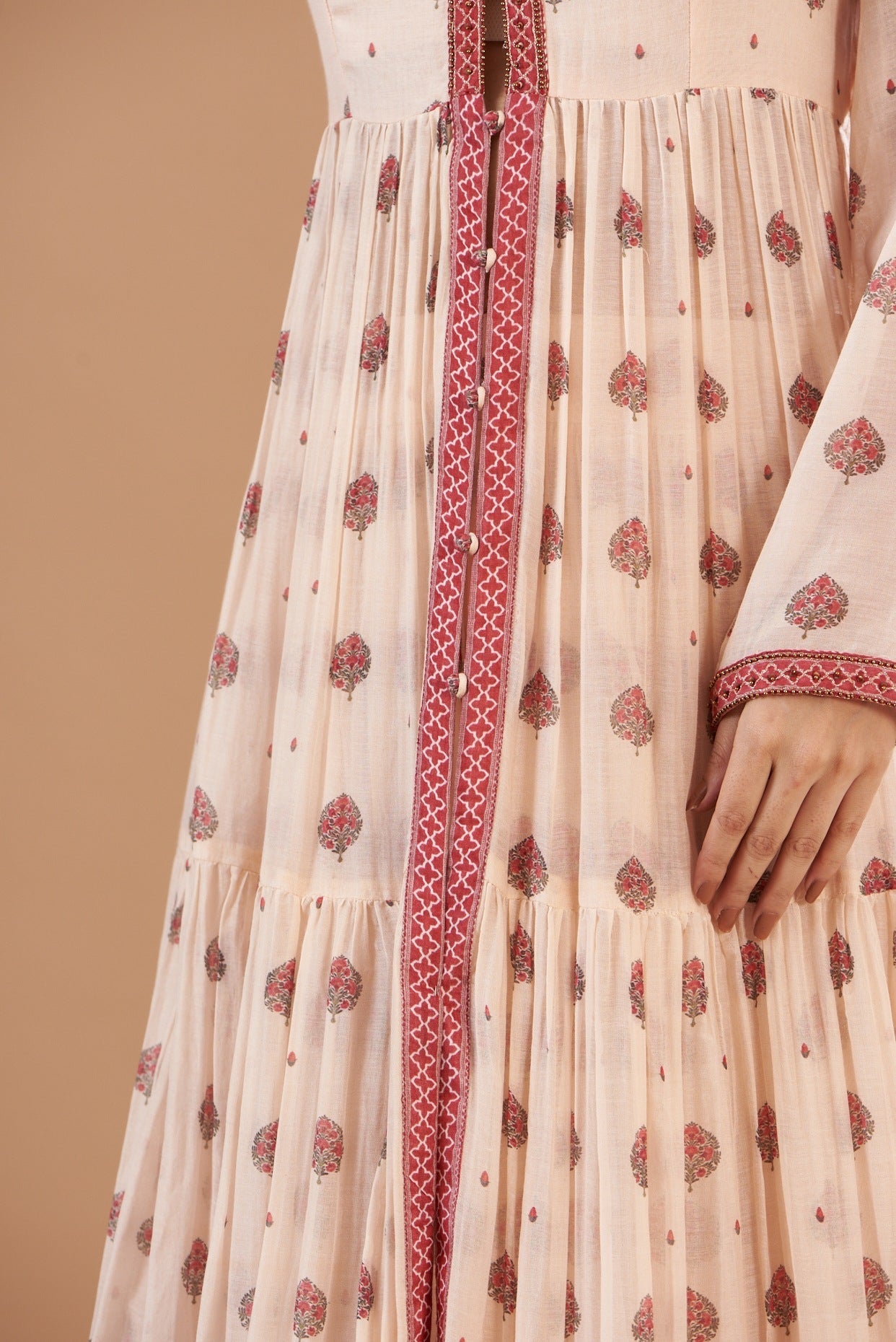 Beige tiered anarkali in chanderi base with hand embroidery and digital print with skirt