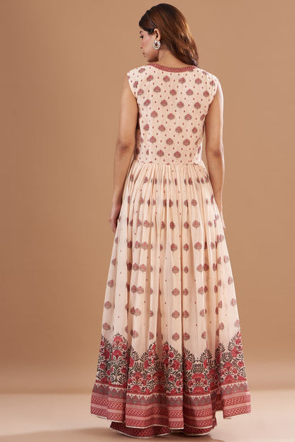 Beige Chanderi Printed Anarkali Set