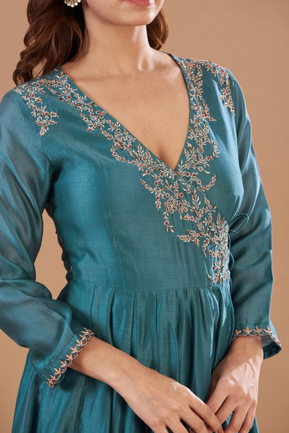 Blue Chanderi Hand Embroidered Anarkali Set