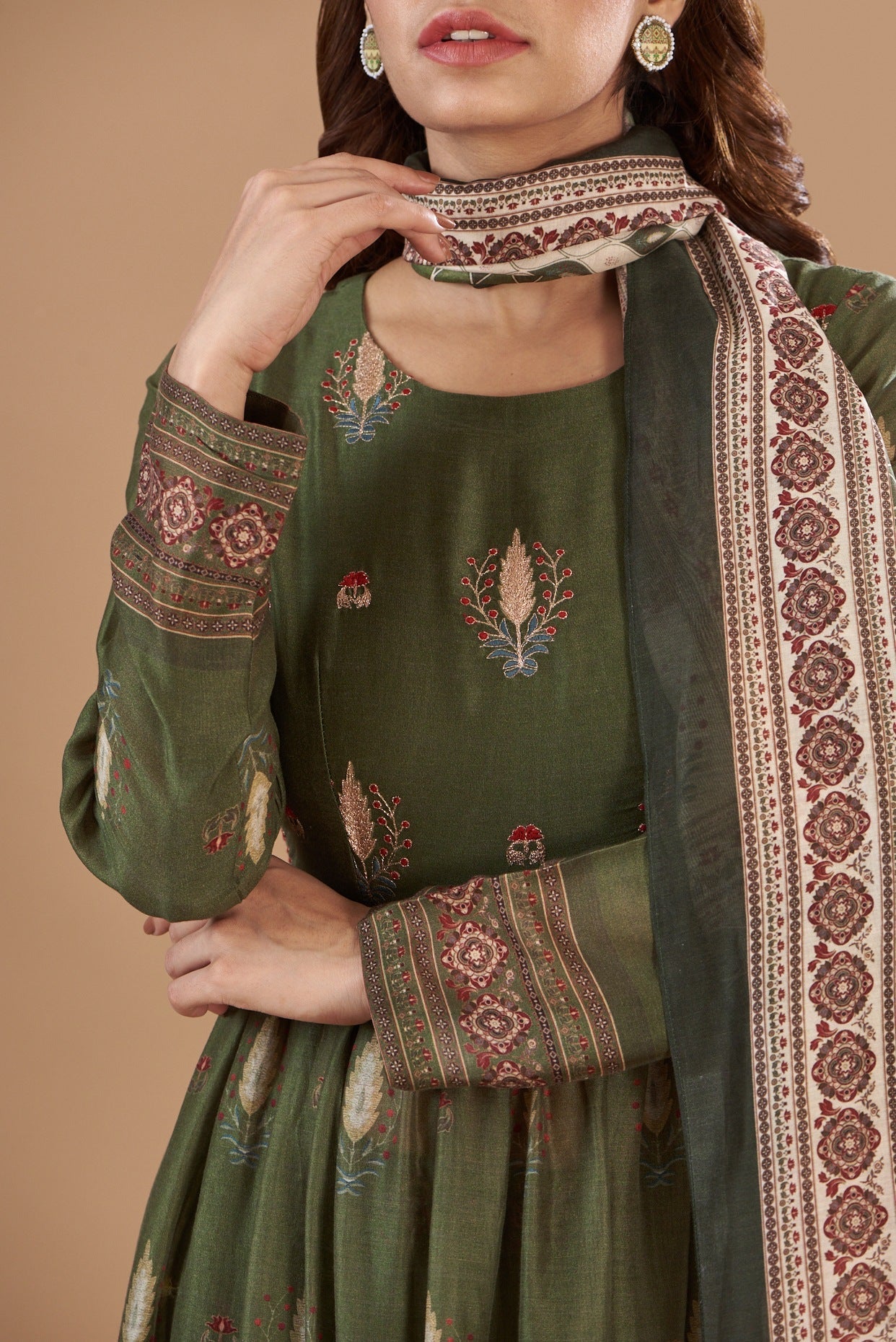 Green Chanderi Embroidered & Printed Anarkali Set