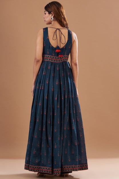 Blue Chanderi Printed & Embroidered Gathered Dress With Scarf