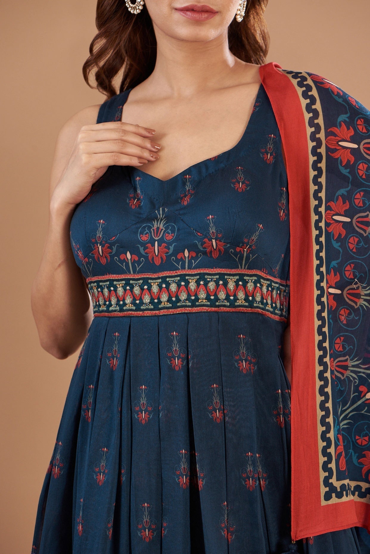 Blue Chanderi Printed & Embroidered Gathered Dress With Scarf