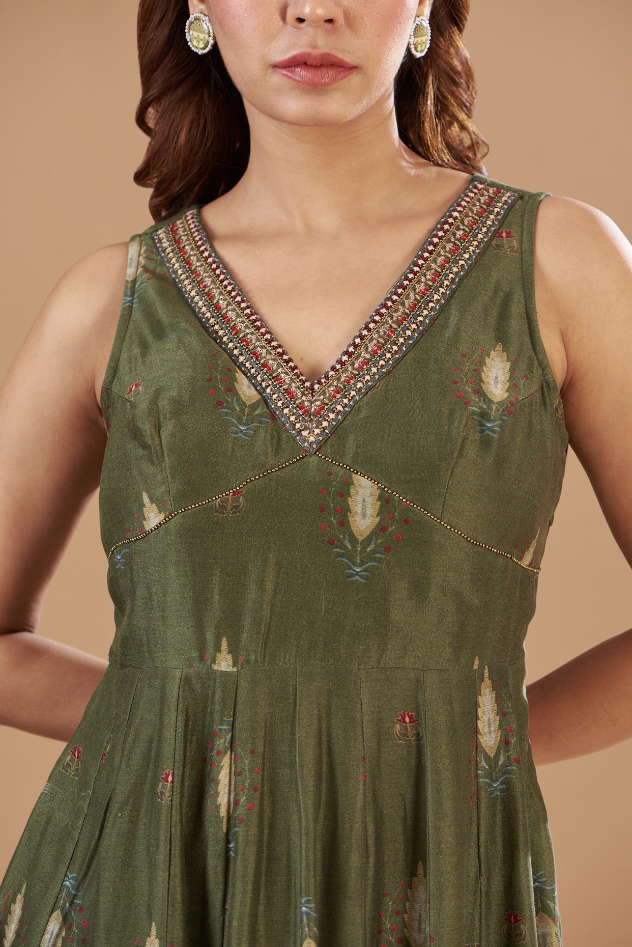 Green Chanderi Printed & Embroidered Anarkali Set