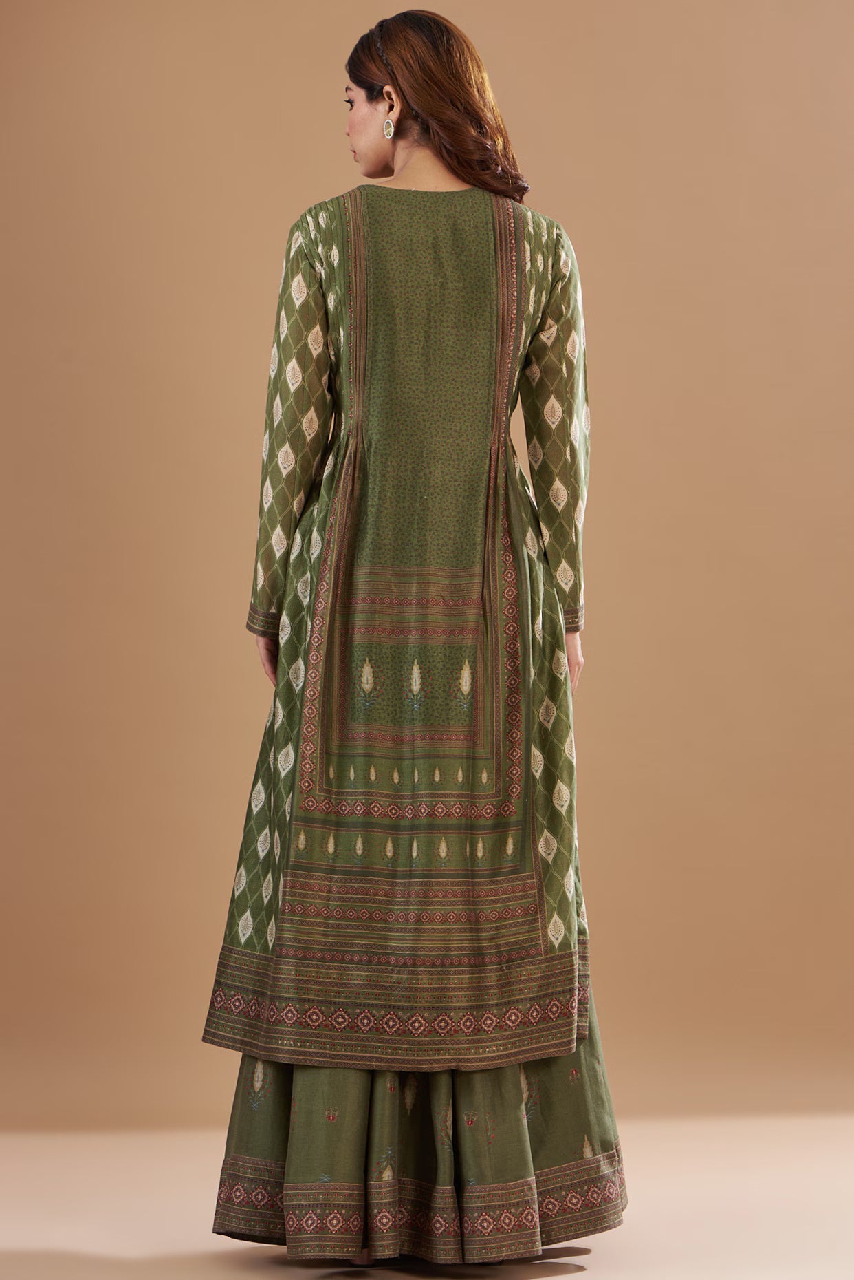 Green Chanderi Printed & Embroidered Skirt Set