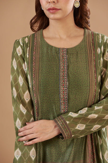 Green Chanderi Printed & Embroidered Skirt Set