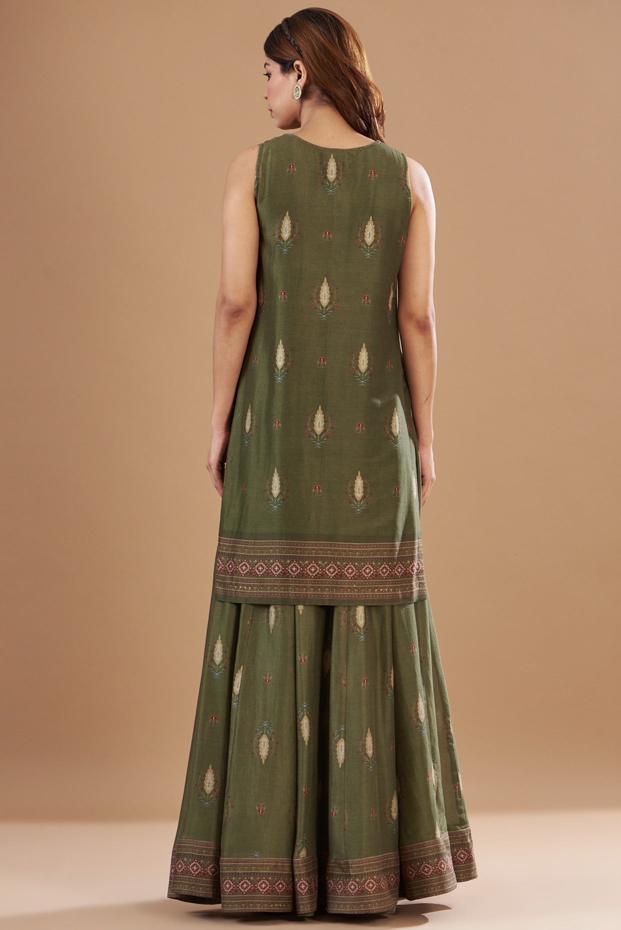 Green Chanderi Printed & Embroidered Skirt Set