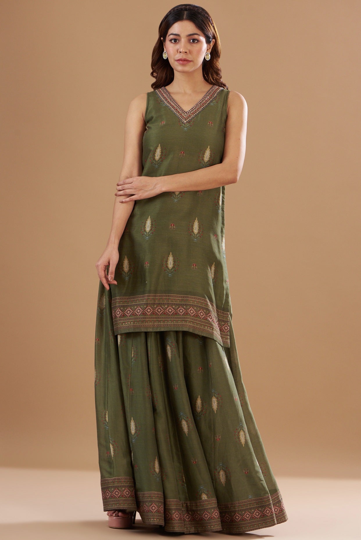 Green Chanderi Printed & Embroidered Skirt Set