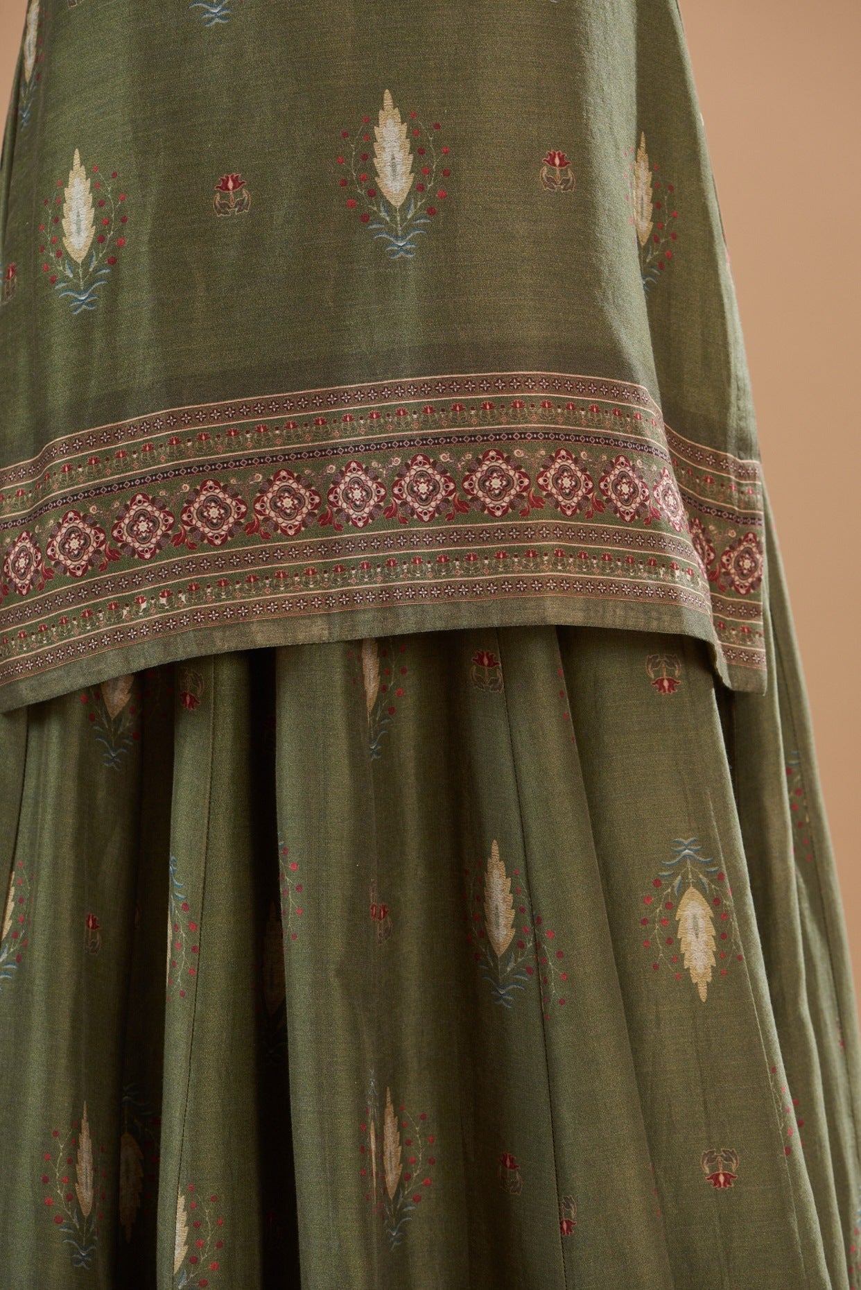 Green Chanderi Printed & Embroidered Skirt Set