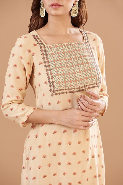 Beige Chanderi Digital Printed Kurta Set