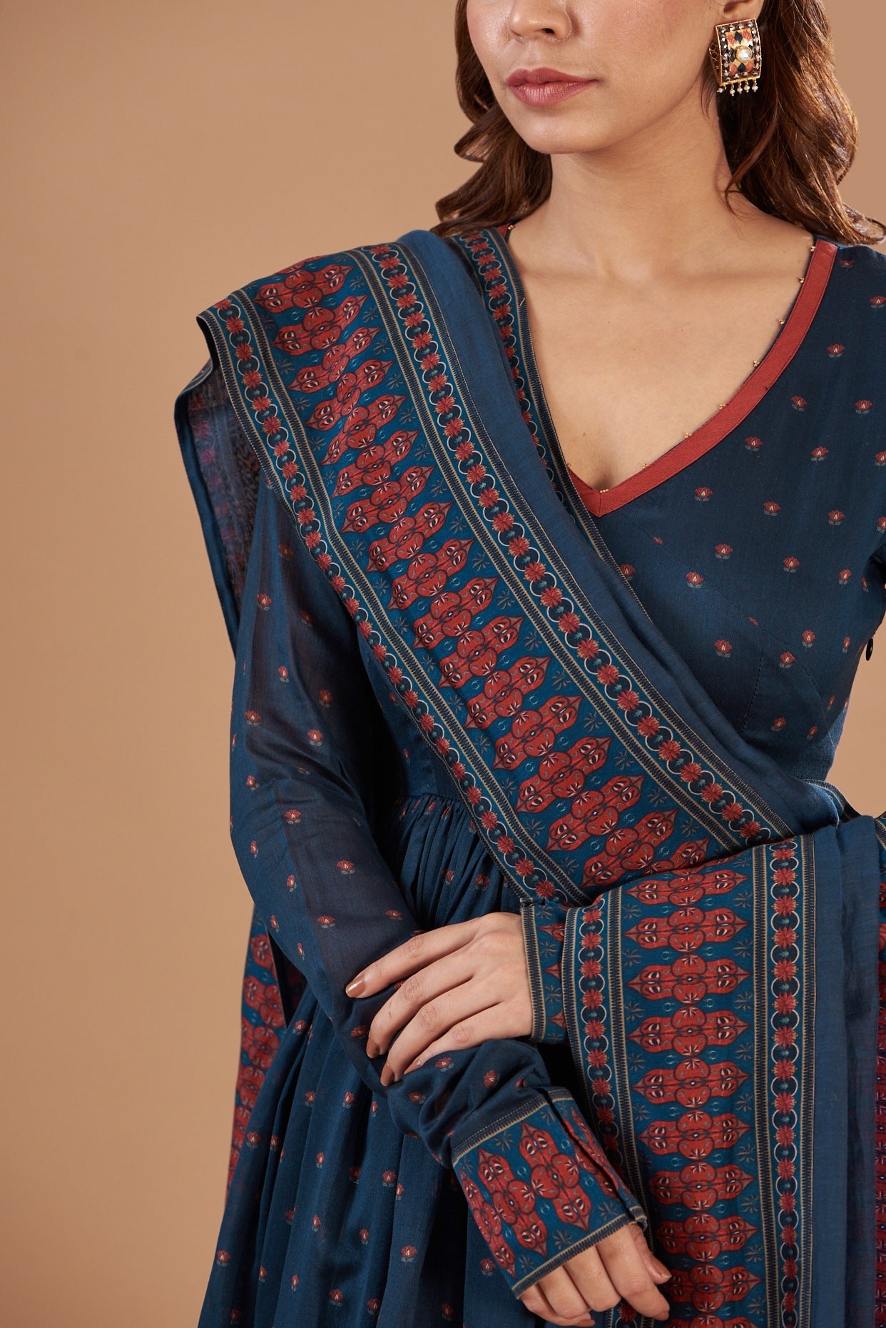 Blue Chanderi Printed Anarkali Set