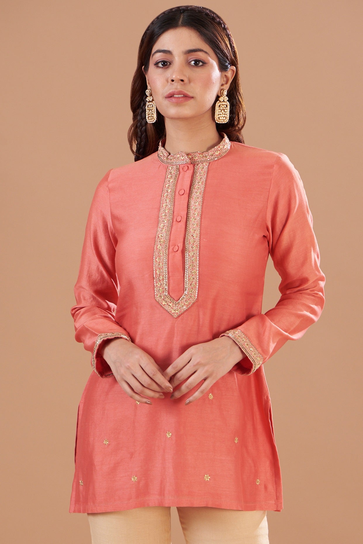 Coral Orange Chanderi Embroidered Kurta Set