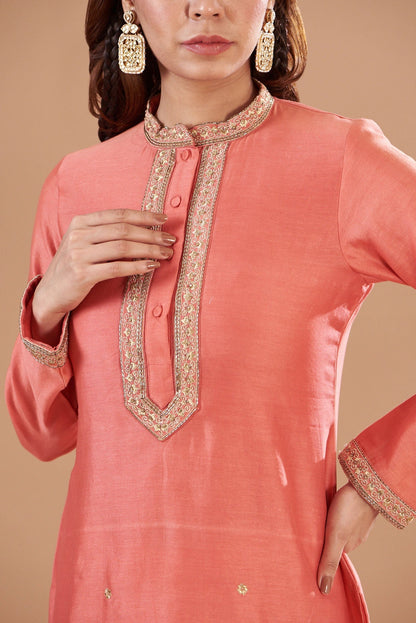 Coral Orange Chanderi Embroidered Kurta Set