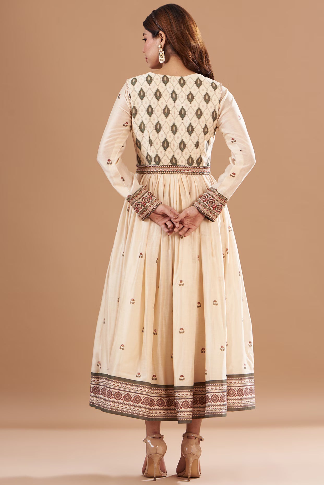 Beige Chanderi Printed & Embroidered Anarkali with fitted pants