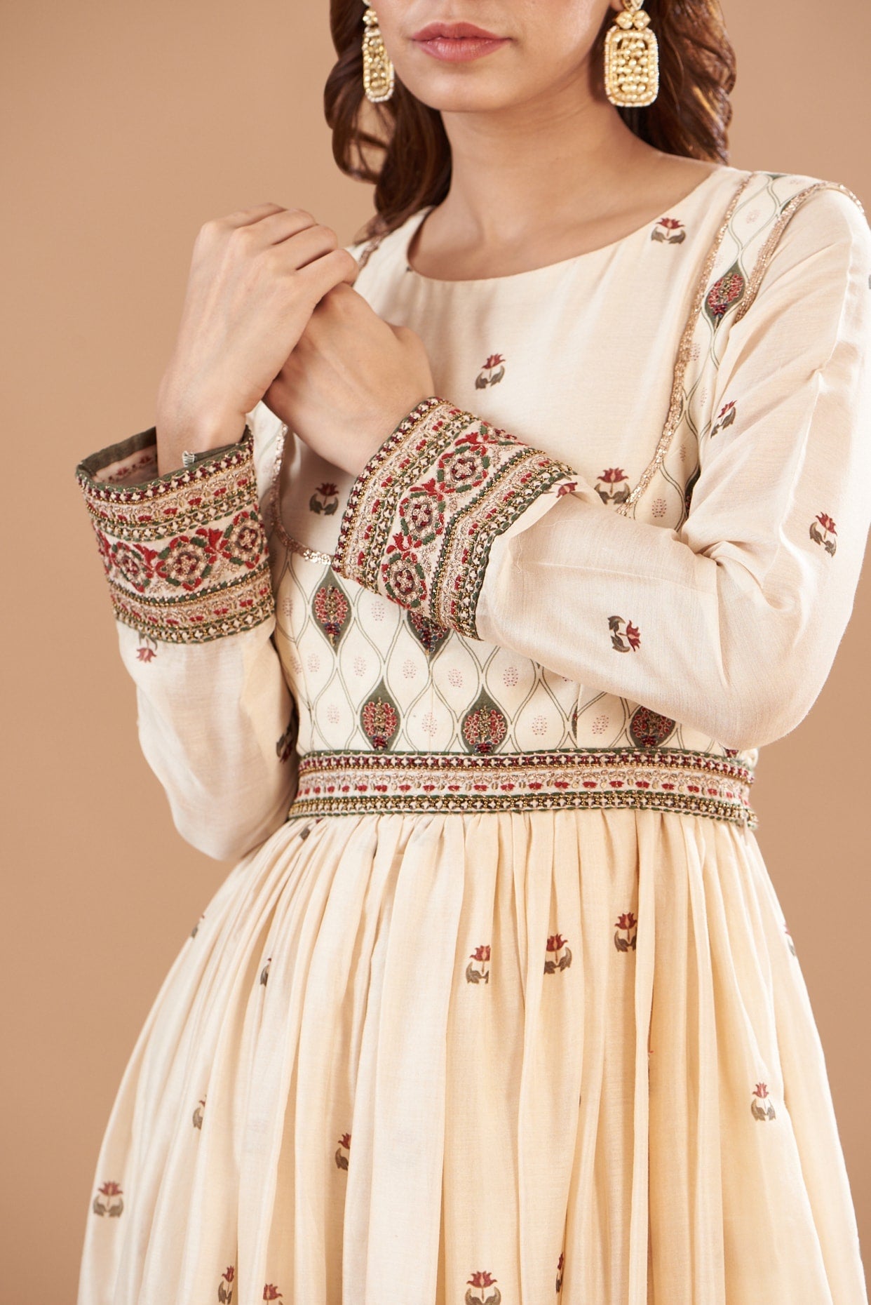 Beige Chanderi Printed & Embroidered Anarkali with fitted pants