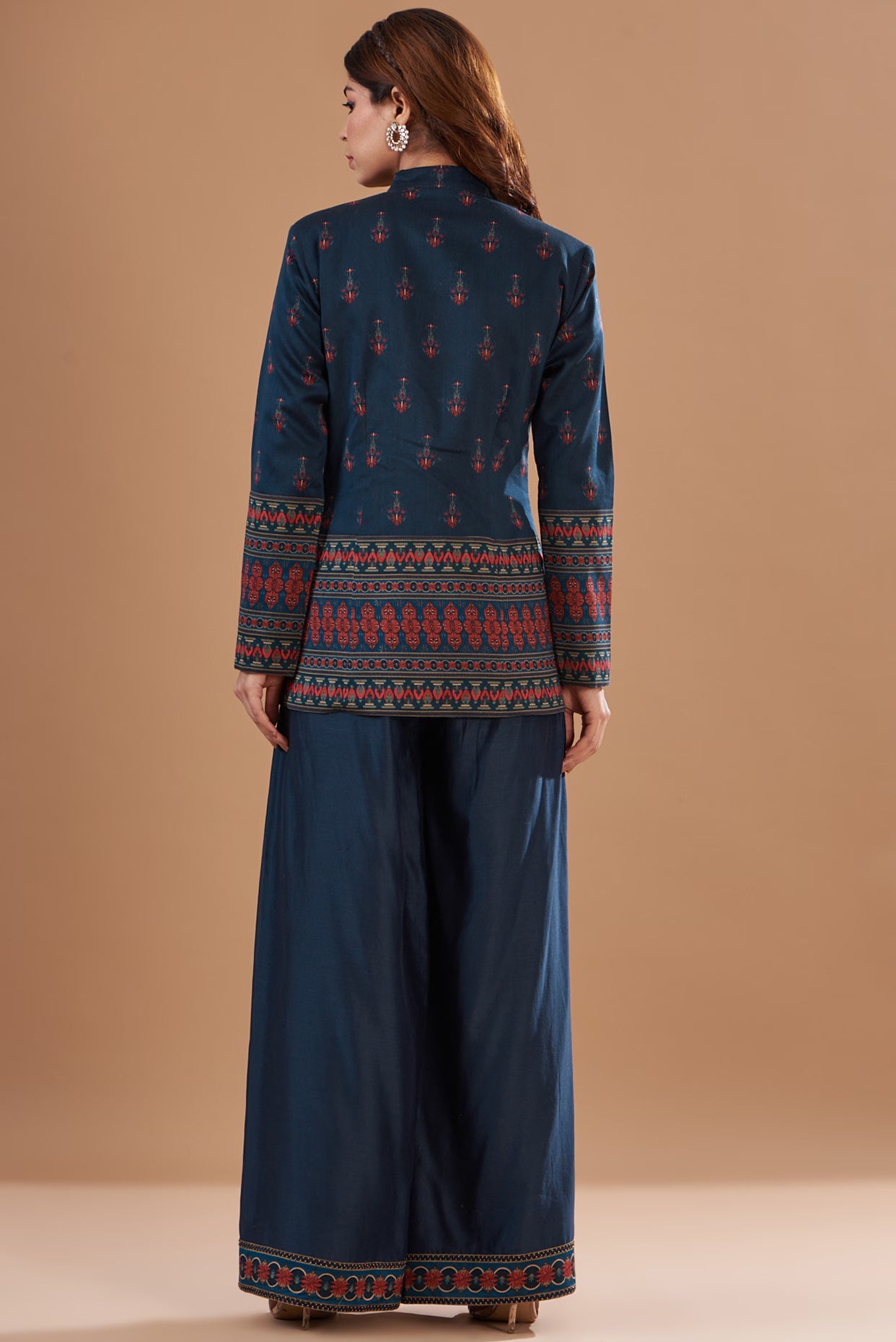 Blue Chanderi Printed Jacket Set