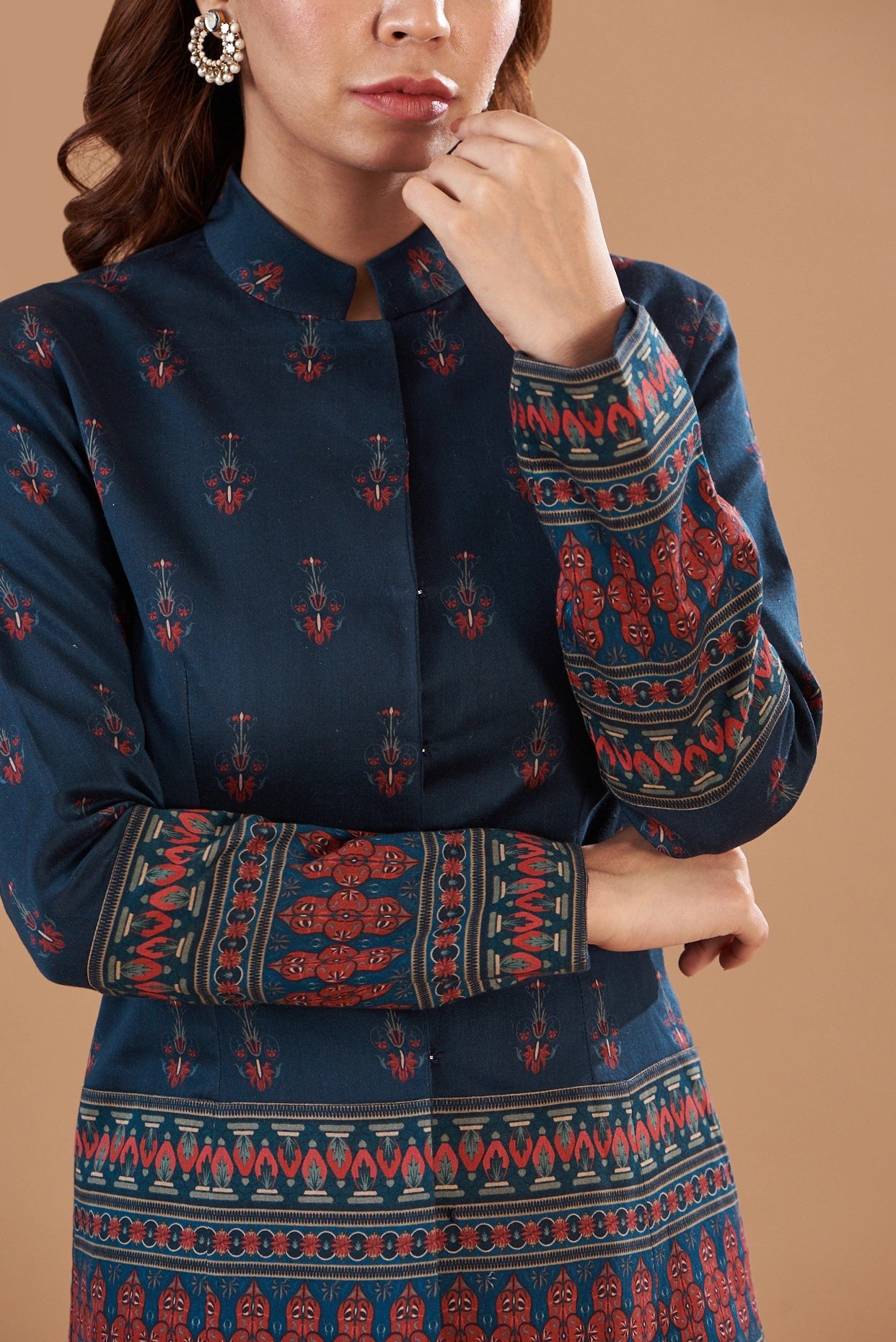 Blue Chanderi Printed Jacket Set