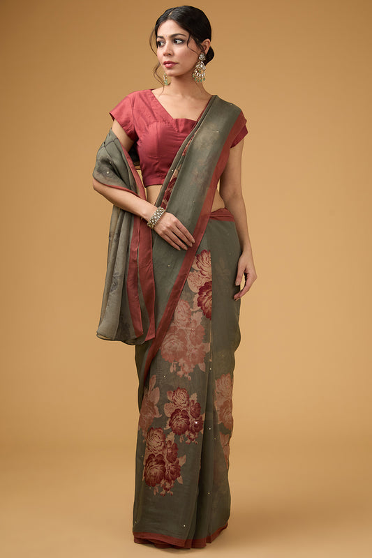 Grey Viscose Floral Digital Printed Saree Set