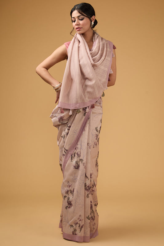 Peachish Pink Chanderi Floral Digital Printed Saree Set