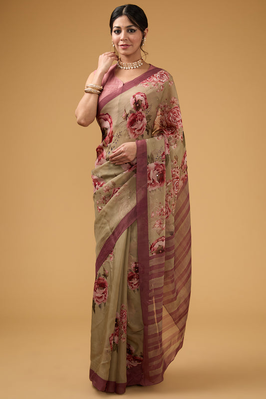 Olive Green Viscose Floral Digital Printed Saree Set