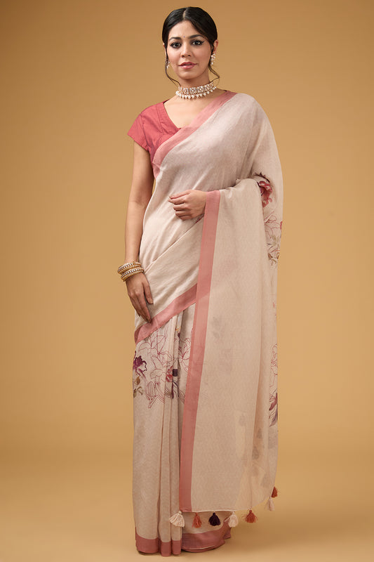 Peachish Beige Chanderi Floral Printed Saree Set