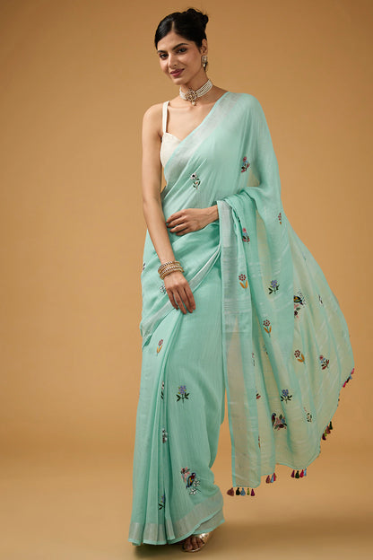 Blue Linen Floral Boota Work Handwoven Saree Set
